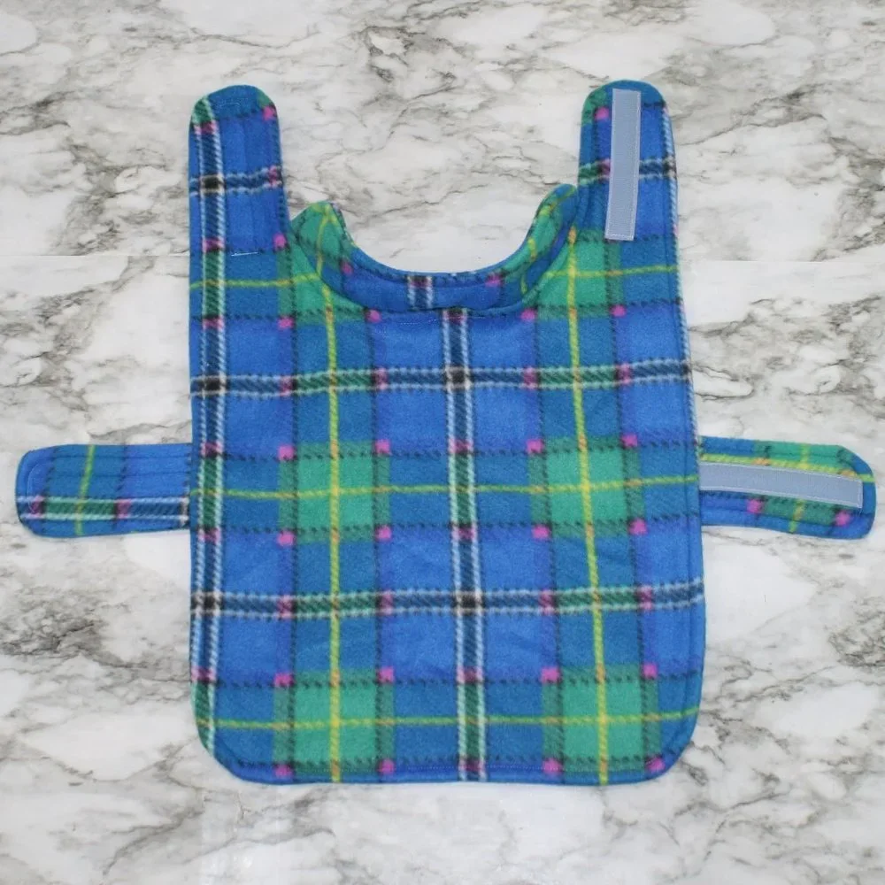 HAND CRAFTED Dog Coat Fleece Winter Reversible Blue Plaid Print B M XS